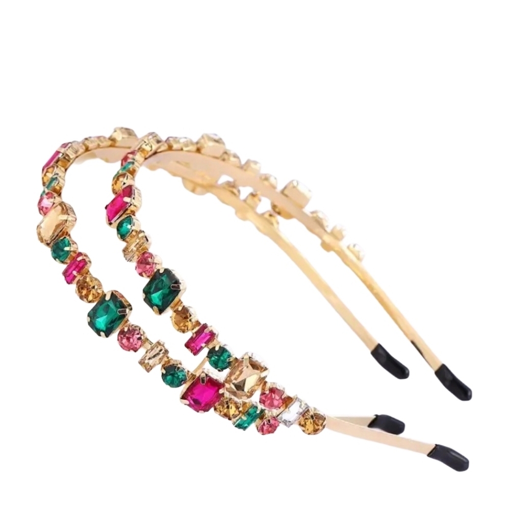 Glam Elegant Pink Green Gold and Multicolor Gemstone Headband